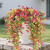 Rowfad 12 Pcs Artificial Hanging Mums Flowers Outdoor, Fake Hanging Spring Plants for Outdoor Planter Patio Front Door Window Box Decoration (12, Red, Purple, Rose Red, Yellow)