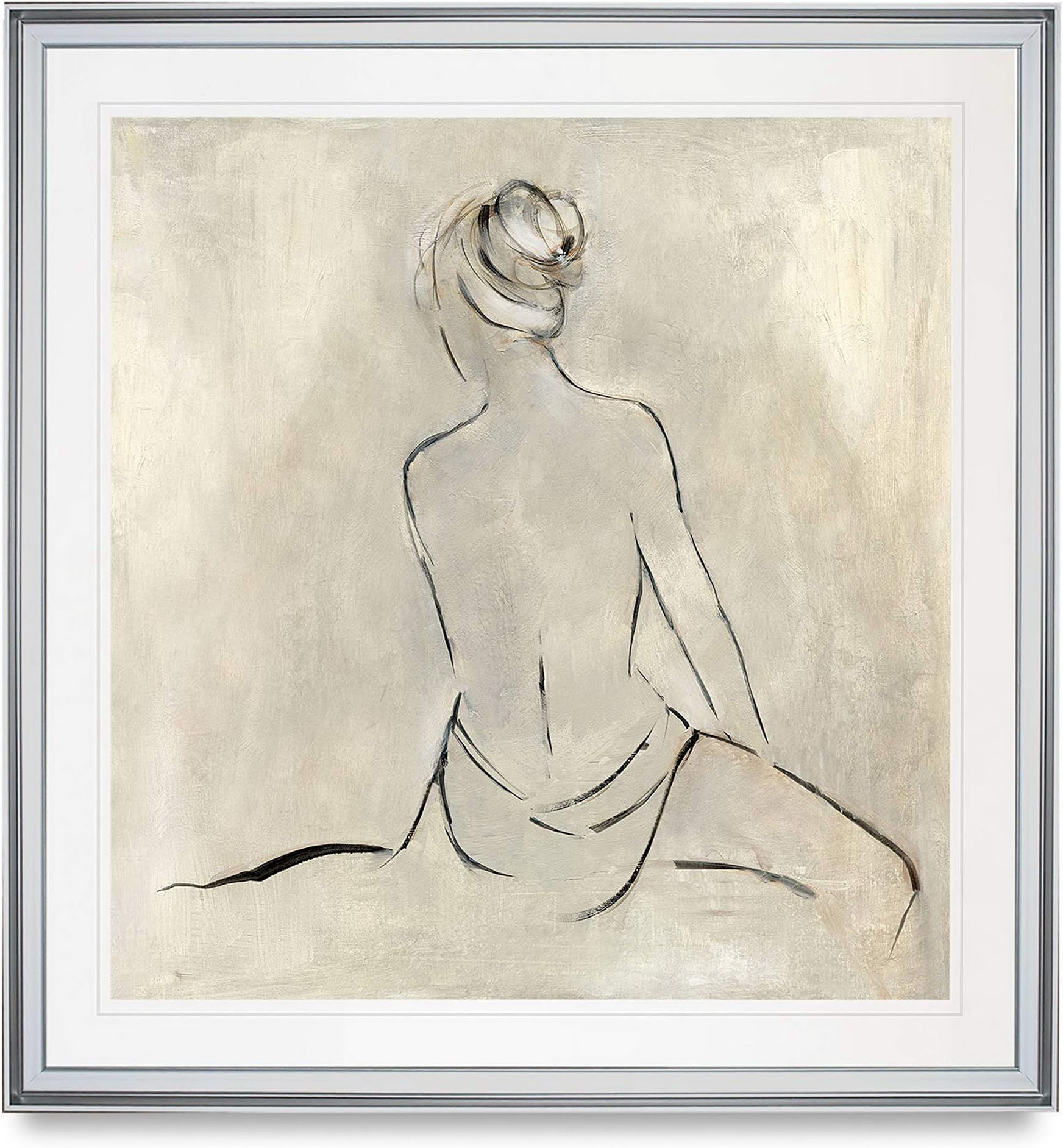 Bather II Figurative Art Framed Line Drawing Woman Giclee Vintage Canvas Prints Wall Decor Seductive Painting - Silver Frame