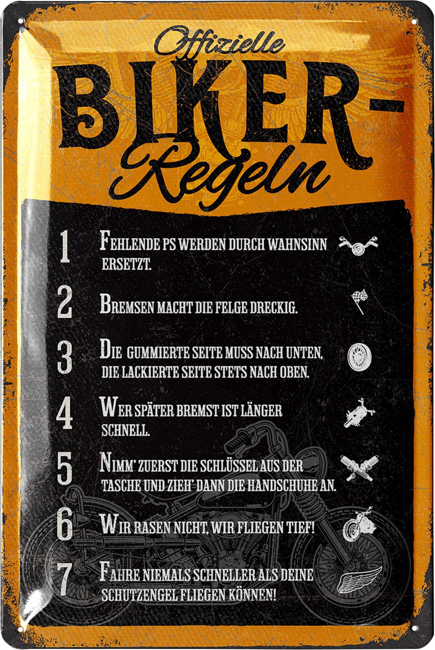 LANOLU Retro Tin Sign Biker Rules – Motorcycle Rules – Gift Idea for Men and Bikers – Funny Tin Signs Sayings, Sign for Workshop and Garage – Decorative Vintage Metal Sign 20 x 30 cm