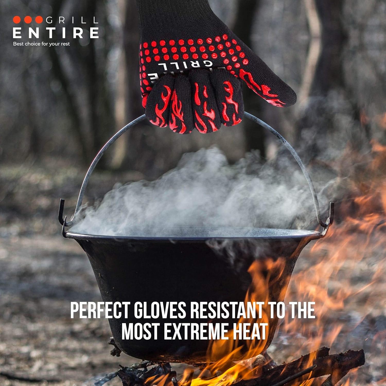 Entire BBQ Grill Gloves, Extreme Heat Resistant, Insulated Fireproof Silicone Oven Mitts for Cooking, Grilling, Smoker Baking, Barbecue, Non-Slip Grip Pair with Silicone Brush & BBQ Grilling Tong: Home & Kitchen