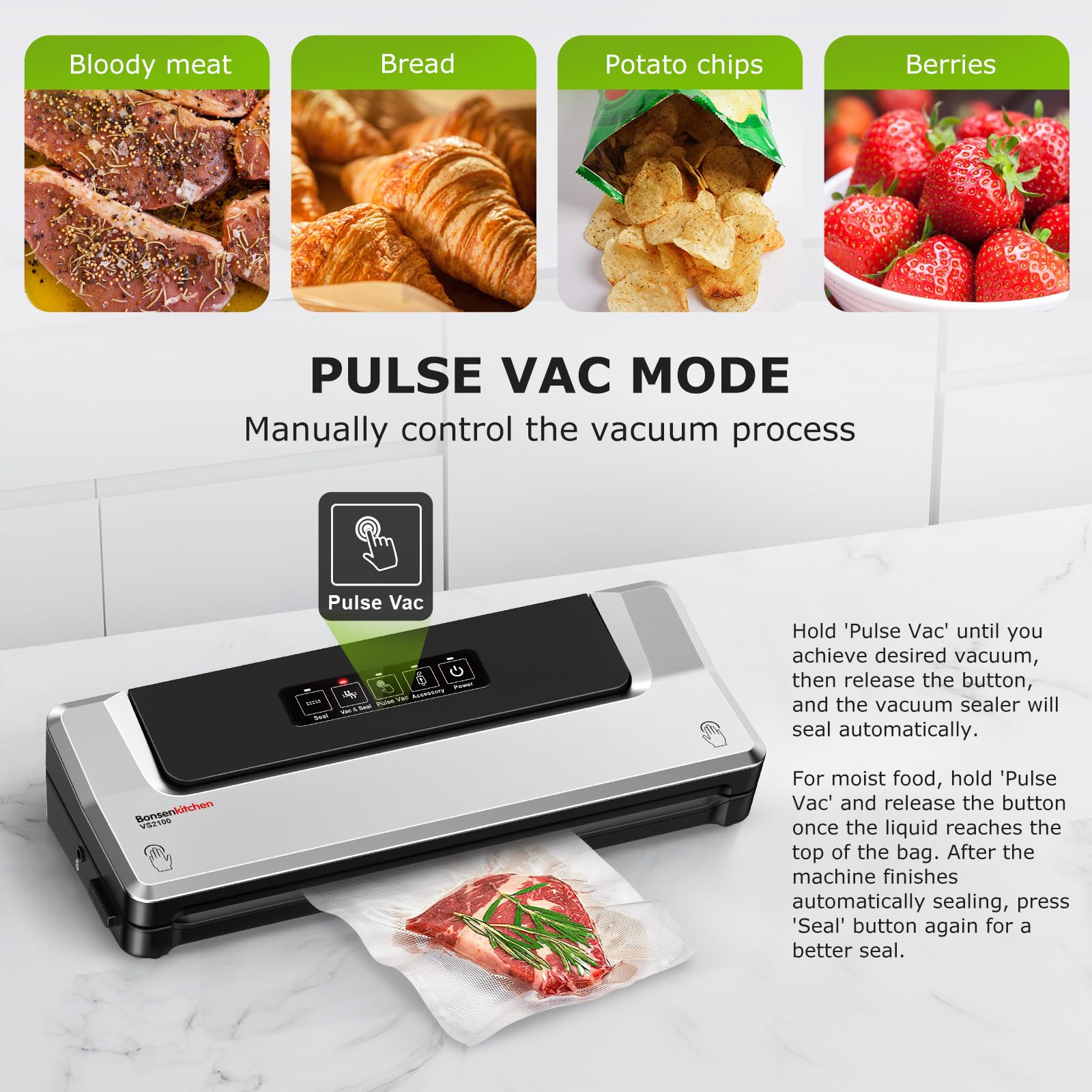Bonsenkitchen Vacuum Sealer Machine, Precision-Compact 4-in-1 Food Sealer Machine, Multi-Functional Food Vacuum Sealer with & Accessory Hose, Bright Silver
