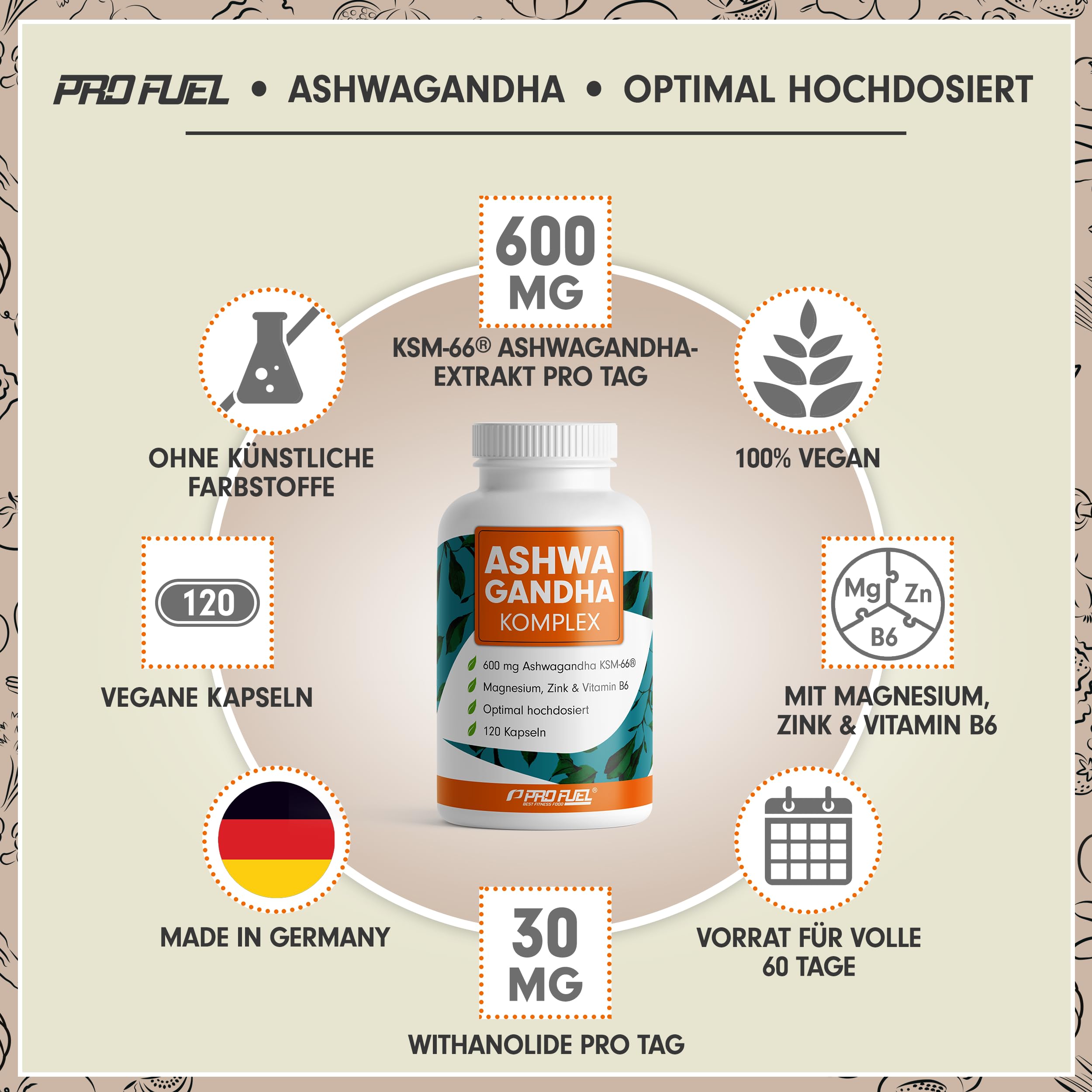 Ashwagandha Kapseln hochdosiert 120x - 600 mg Ashwagandha KSM-66® pro Tag - Komplex mit Ashwagandha-Wurzelextrakt, Magnesium, Zink, Vitamin B6 und Piperin - laborgeprüft mit Zertifikat - 100% vegan 2