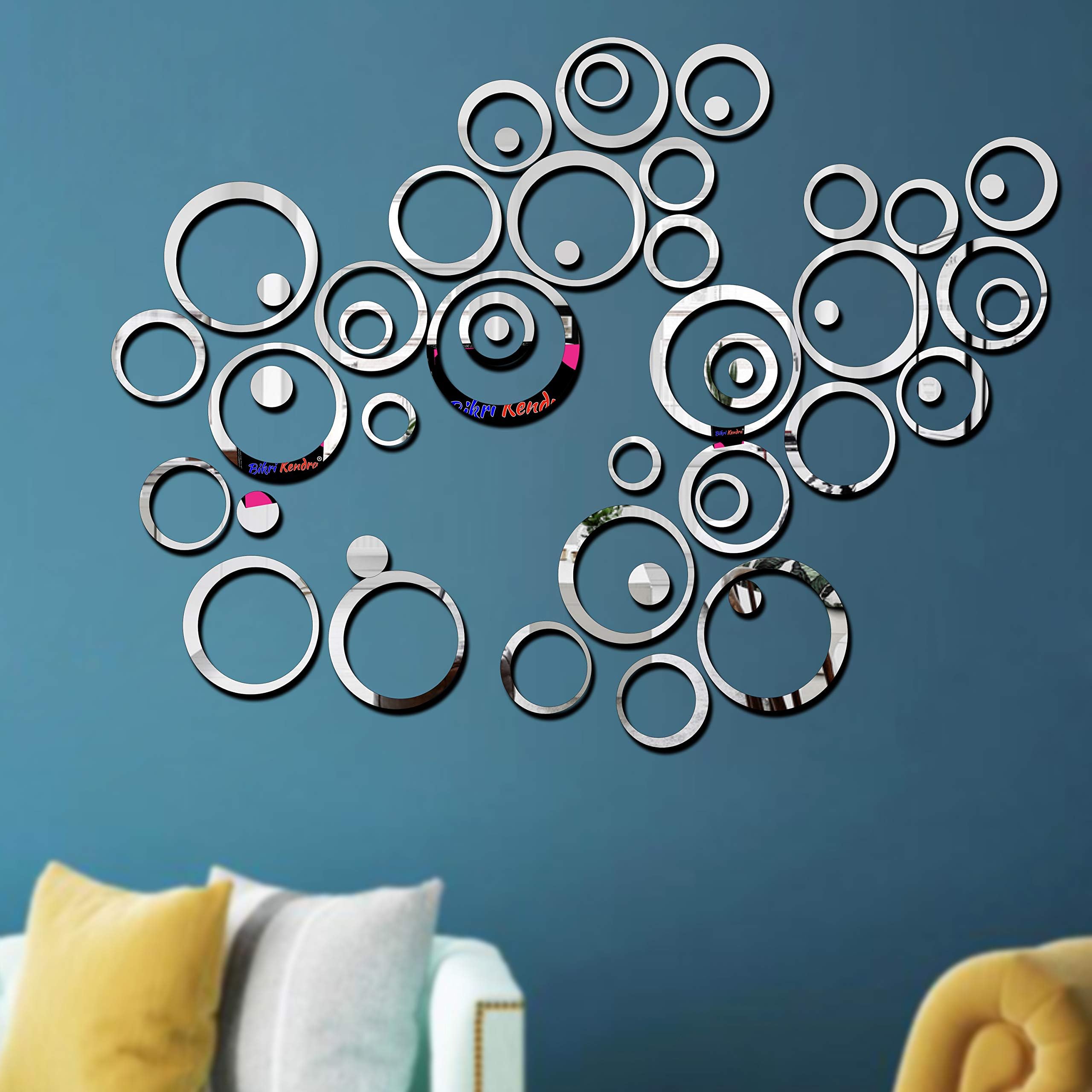 Bikri Kendra Ind - 44 Rings n dots Silver Mirror Stickers for Wall, Acrylic Mirror Wall Decor Sticker, Wall Mirror Stickers, Acrylic Stickers, Wall Stickers for Hall Room, Bed Room, Kitchen.