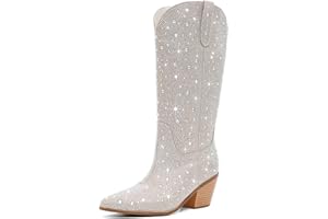 RONILURN Cowgirl Ankle Boots Cowboy Boots for Women Western Booties Rhinestone Chunky Heel Fashion Comfortable Side Zipper