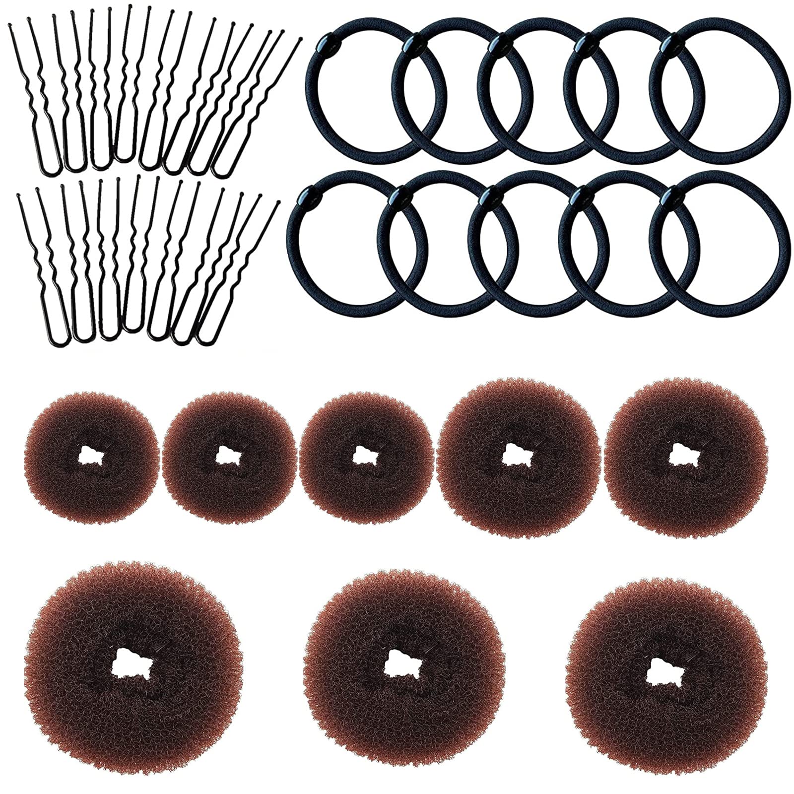 VEGCOO 8 Pcs Hair Donuts Bun Maker Hairpin 10 Pcs Black Rubber Band 15 Pcs U-Shaped Hairpin (Brown)