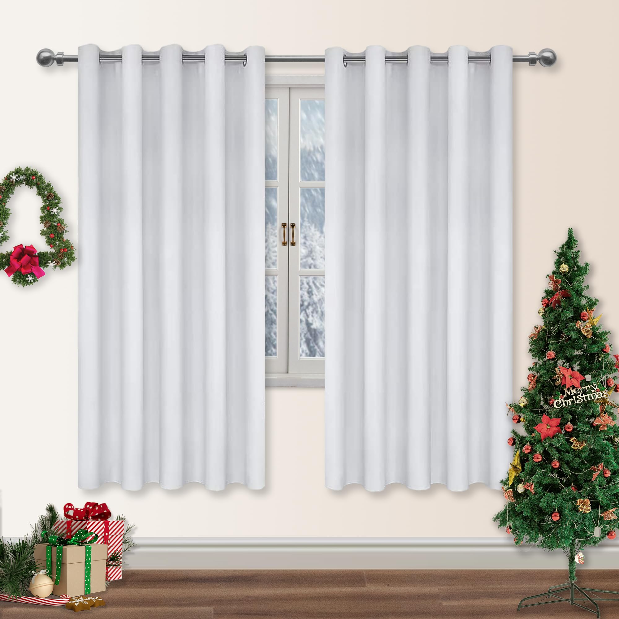 DWCN Blackout Curtains for Bedroom - Thermal Insulated Light Blocking Eyelet Window Curtains for Living Room 66 x 72 inch Length, Greyish White, 2 Panels