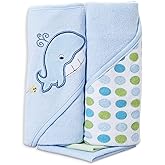 Spasilk Bath Hooded Towels & Washcloths Set for Babies, 2 Hooded Terry Bath Towels & 2 Washcloths, Blue Whale