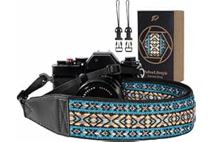 Padwa Lifestyle Camera Strap - 2" Full Grain Leather Ends Camera Straps for Photographers, Vintage Embroidered Cotton Weave Soft Suede Fabric Padded Strap Quick Release fits All Cameras