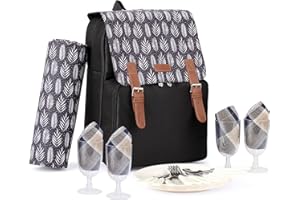 HAPPYPICNIC Large Capacity Insulated Picnic Backpack Bag for 4 Person with Blanket, Double-Side Waterproof Blanket, Plates and Cutlery Set Perfect for Outdoor, Sports, Hiking, Camping, BBQs, Black