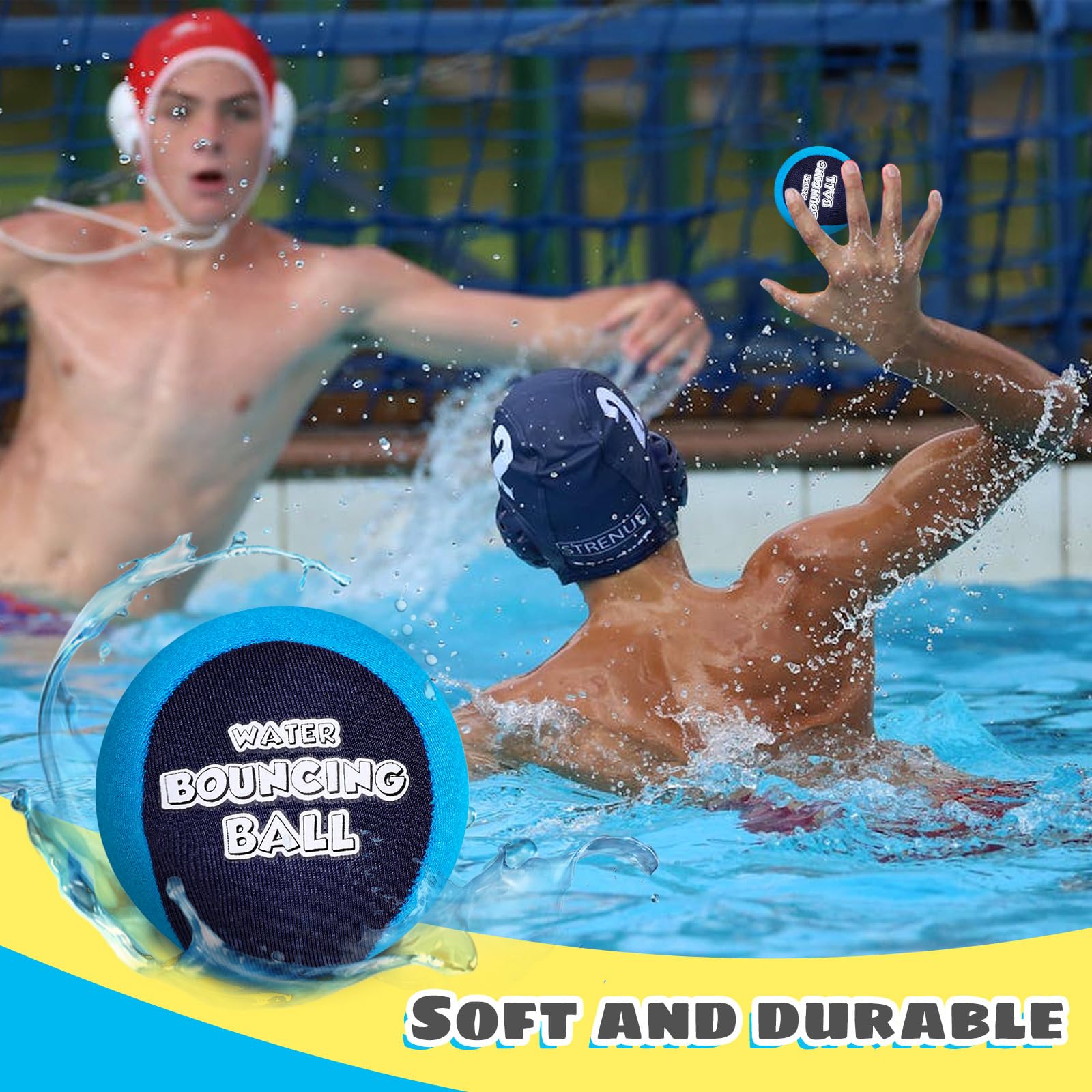 Shindel 2PCS Skip Balls with Skip Disc, Blue Water Bouncing Balls Water Skip Balls with Storage Bag for Swimming Pool Beach Toys Great for All Ages