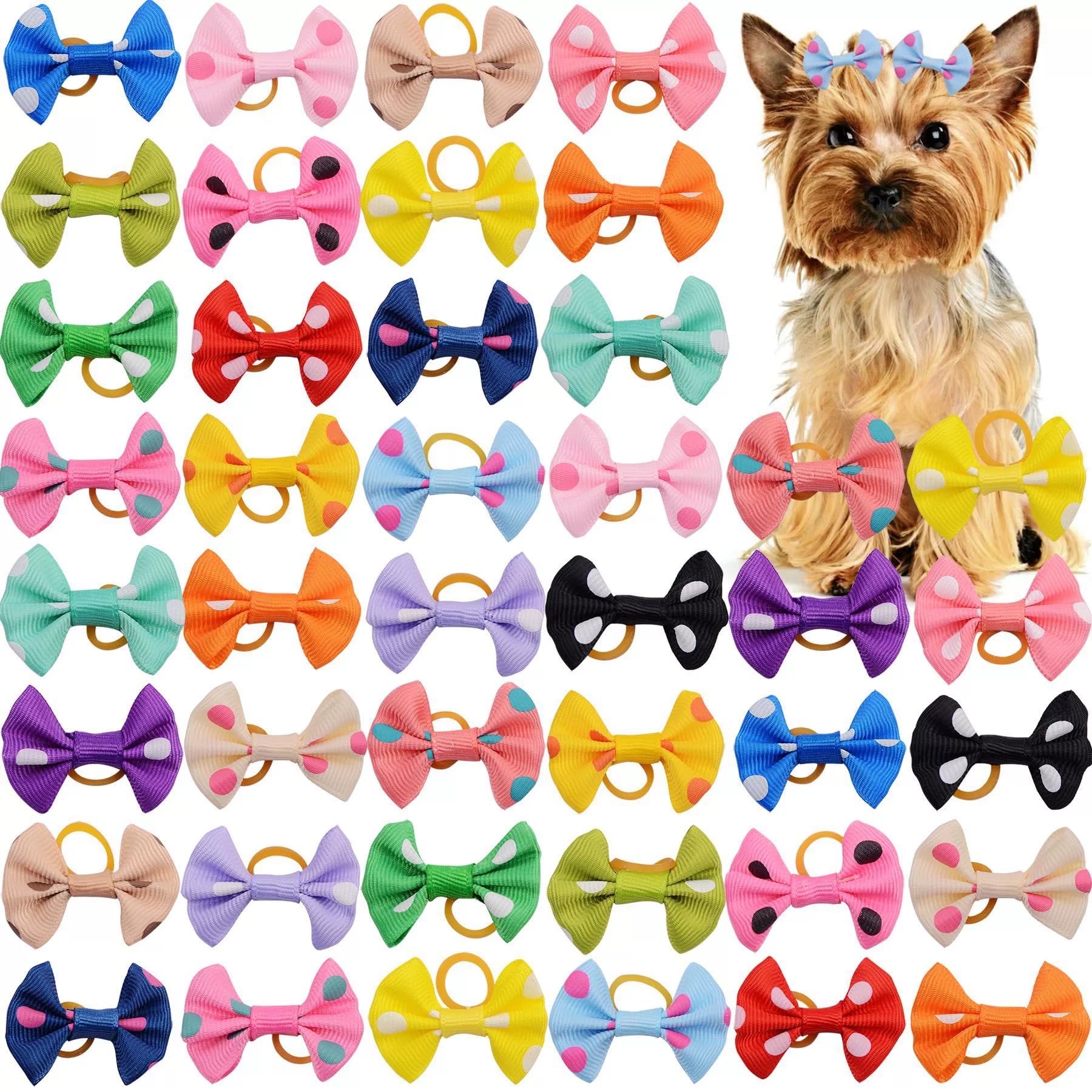 OTKARXUS Dog Hair Bows,48PCS Mixed Colors Dog Bows with Elastic Rubber Bands,Puppy Hair Grooming Accessories Dog Hair Bands for Long Hair Puppy Kitten Dogs Cats (Multi Color A)