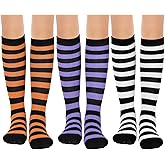 Hercicy 3 Pairs Halloween Striped Socks for Kids Cotton Spooky Striped Knee High Uniform Socks for Boys Girls 6-12 Years