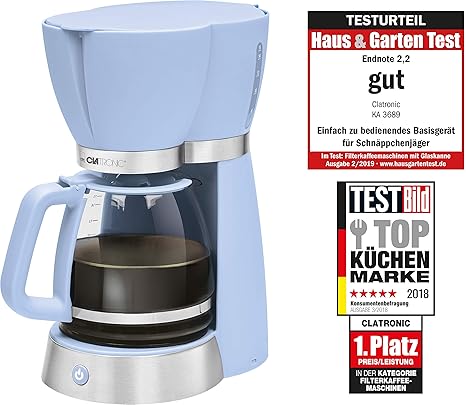 Clatronic KA 3689 Rock'n'Retro Filterkaffeemaschine für 15 Tassen, Glaskanne, Tropfstopp, Abschaltautomatik, 1000 W Blau
