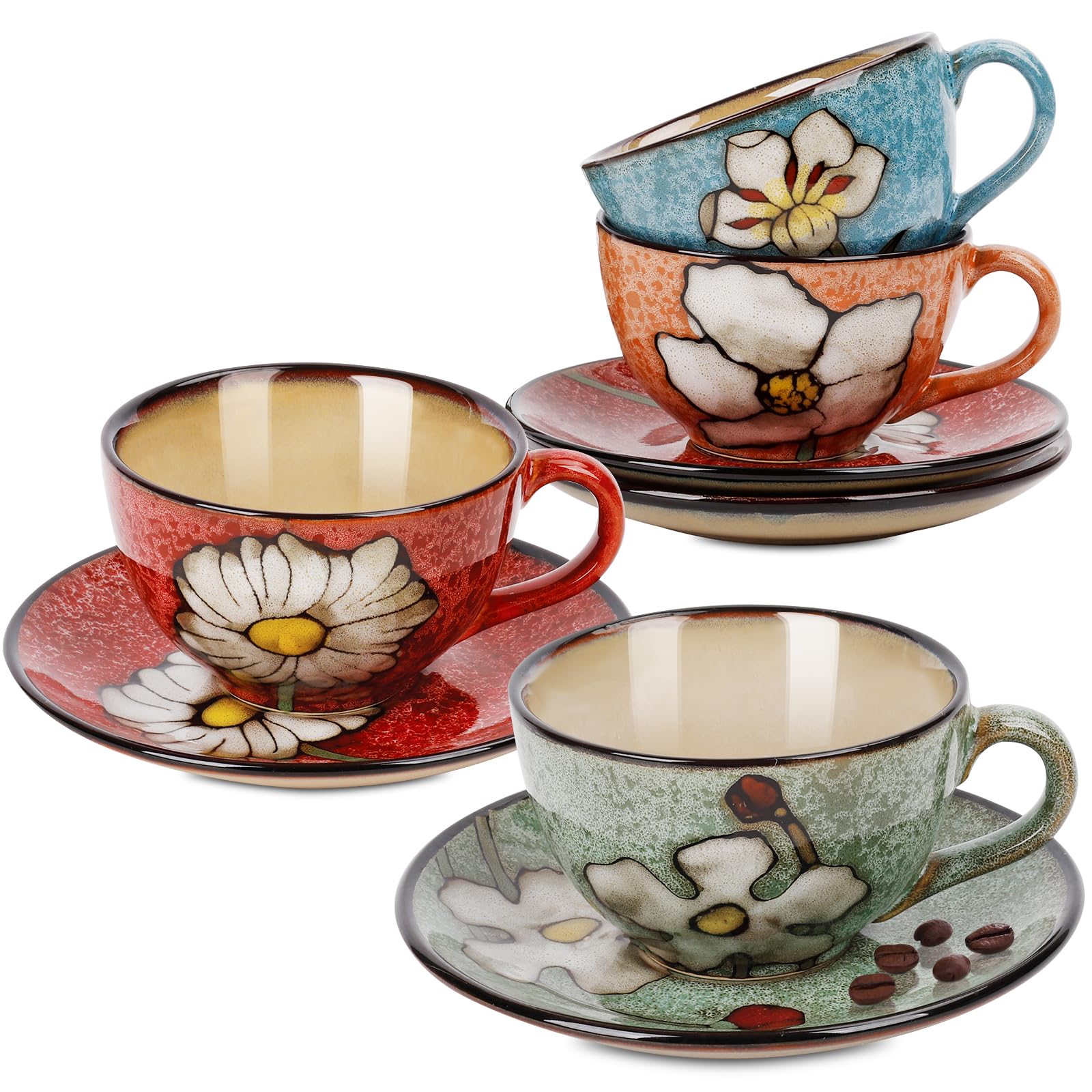 Photo 1 of Katathani Cappuccino Cups Set of 4, 8 Oz Ceramic Coffee Cups with Saucers for Espresso, Tea, Latte – Hand-Painted Porcelain Underglaze Design