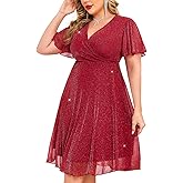ZOMVA Plus Size Sparkly Mesh Dress A Line Ruffle Sleeve V Neck Wrap Short Glitter Dresses Wedding Guest Cocktail Party