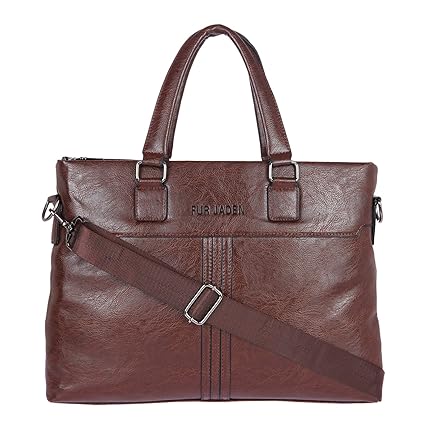Fur Jaden Textured Leatherette Brown 14 Inch Laptop Bag with Side Sling Strap