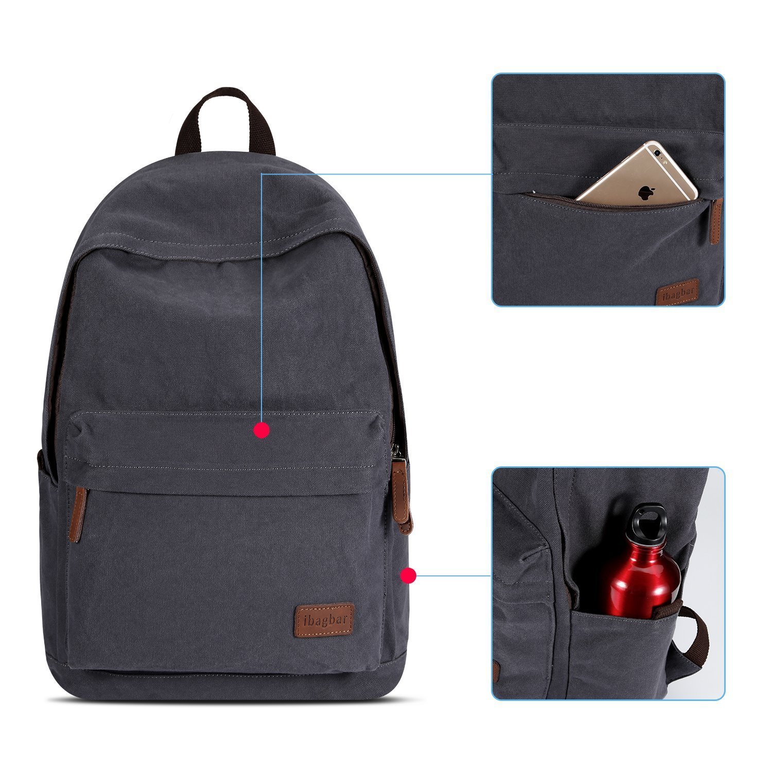ibagbar Classic Lightweight Canvas Backpack Daypacks Dark Gray
