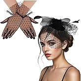2Pcs 50s Fascinator Hats Mesh Feather Hat Clip Short Lace Polka Gloves for Women Funeral Church Tea Party Outfit