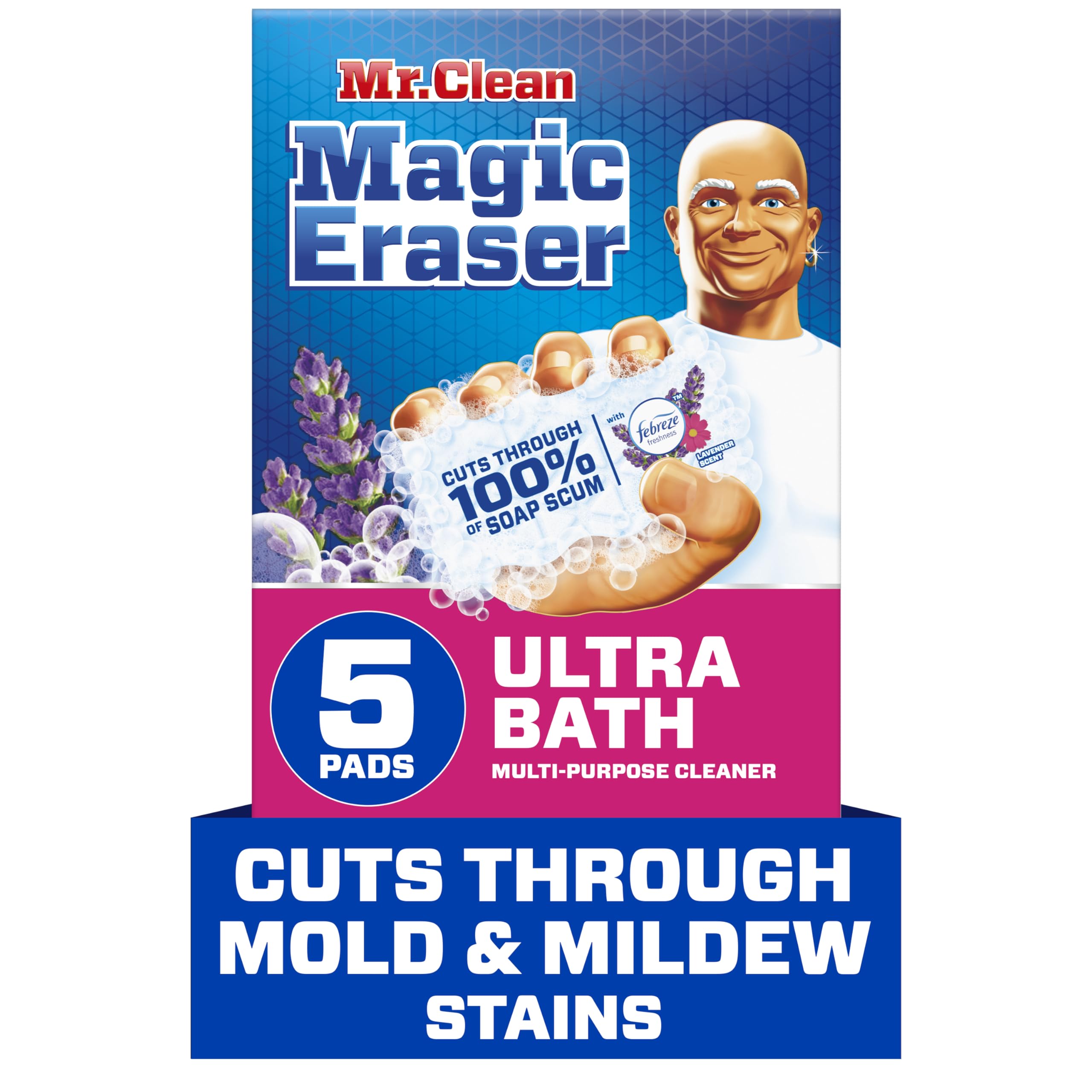 Photo 1 of Mr. Clean Magic Eraser Sponge, Bathroom Cleaner, Shower Cleaner, Tub Cleaner, Soap Scum Remover, Bathroom Cleaning Supplies, Dawn Cleaning Power with Febreze Lavender Scent, Ultra Bath, 5ct