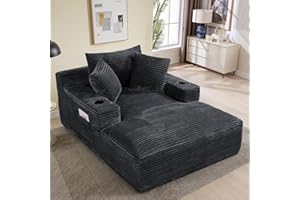 BEQAI 50"W x 68"D Oversized Chaise Lounge Chair Indoor Boneless Reading Chair Plush Corduroy Recliner with Cup Holders Large Deep Seat Comfy Sofa Bed Couch with 3 Pillows for Living Room Bedroom, Dark Gray