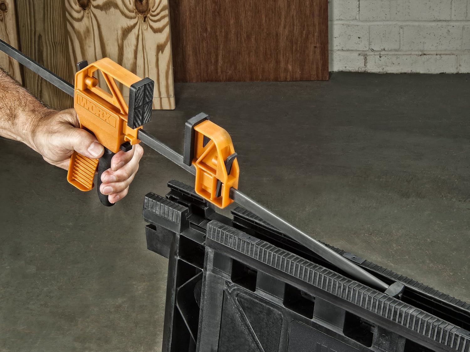 WORX Clamping Sawhorse Pair with Bar Clamps, Built-in Shelf and Cord Hooks – WX065 - - 