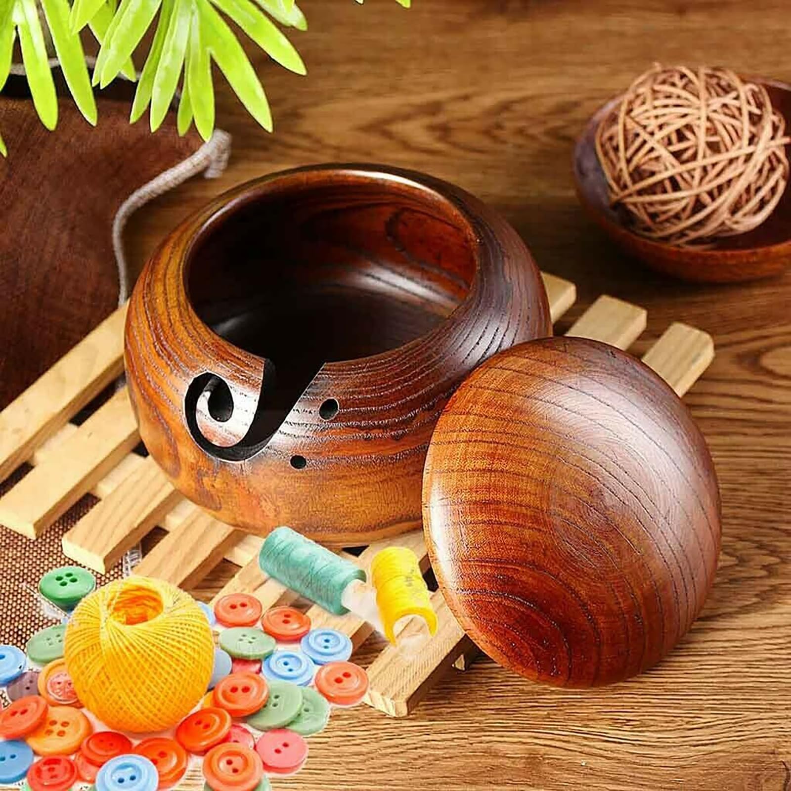 TEMU-SC Wooden Yarn Bowl for Crochet, Knitting Bowl Wool for DIY Knitting Crocheting Accessories(with Cover)(Retro Style)(15 * 9.5cm)