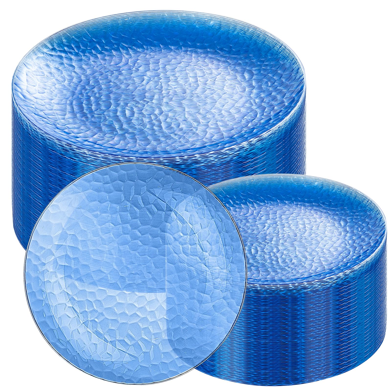Photo 1 of Rubtlamp 100 Pcs Blue Plastic Plates, Blue Heavy Duty plastic Plates, Clear-blue Fancy Disposable Plates, Hammered Plastic plates Include 50 Pcs Dessert Platos, 50 Pcs Dinner Platos for Party