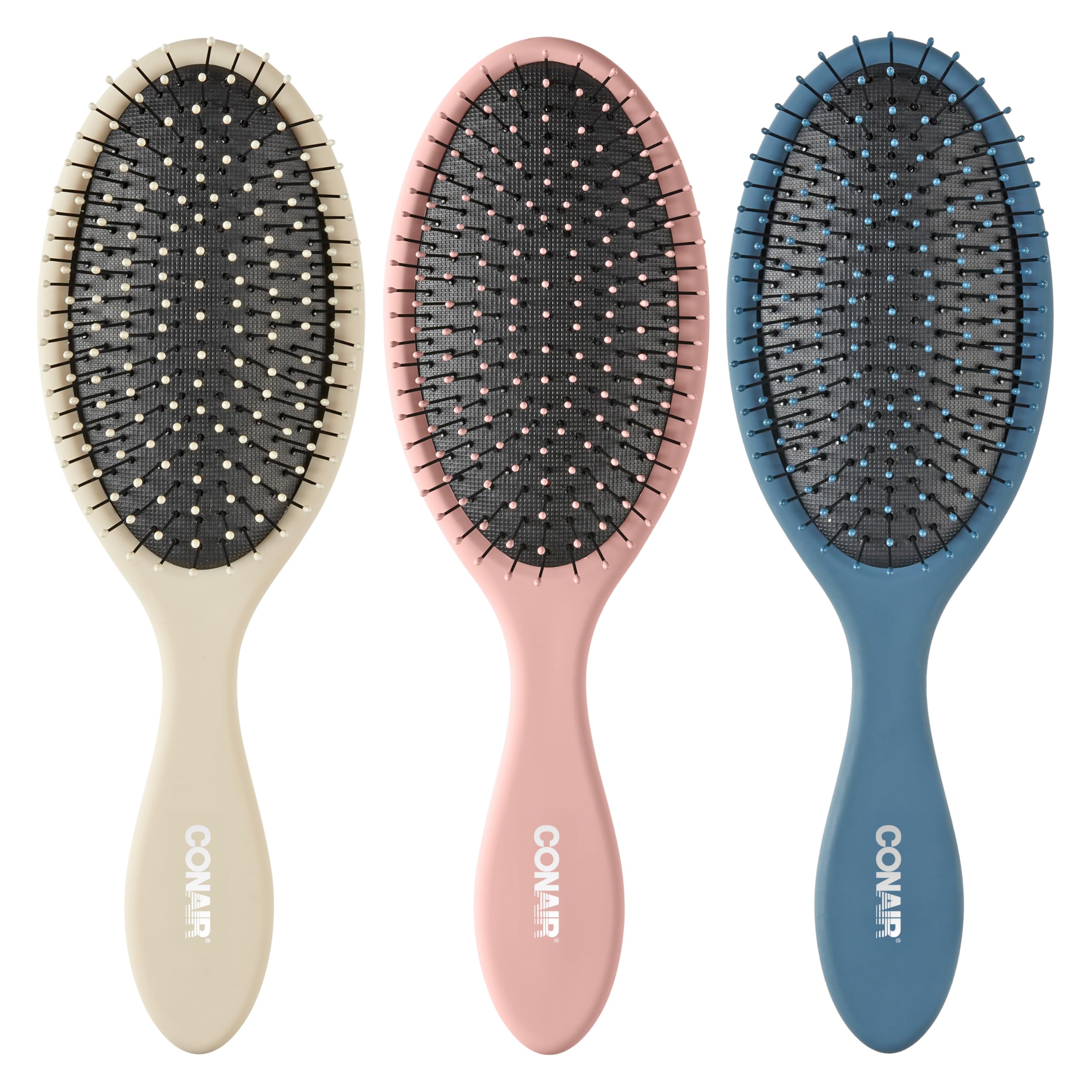 Photo 1 of **MISSING ONE** Conair Detangling Hair Brush Set, 3-Pack Detangler Brushes for Wet or Dry Hair, Gentle Detangler for All Hair Types, Bristle Hair Brushes for Women, Beige, Navy, and Coral