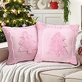 Remagr 2 Pack Christmas Tree Pink Pillow Covers 18 x 18 Inch Pink Bow Throw Pillow Covers Soft Plush Faux Fur Cushion Case for Christmas Bedroom Sofa Winter Home Holiday Decor