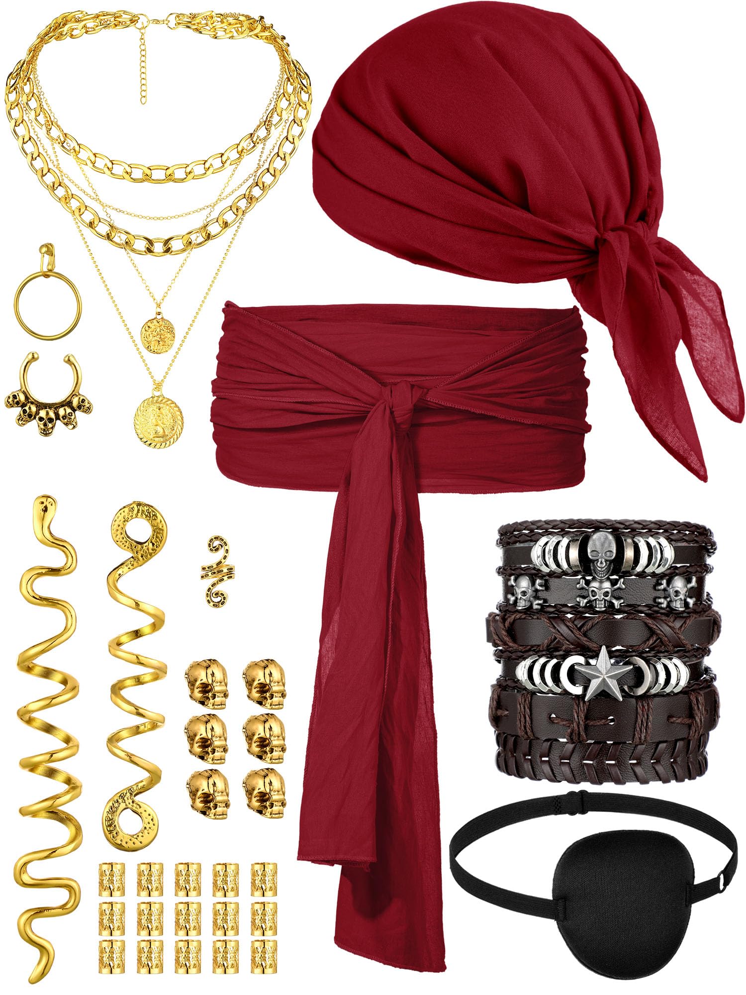 Photo 1 of Fourluoo 31 Pieces Pirate Costume Accessories Women Pirate Hat Head Scarf Sash Belt Necklace Earrings for Cosplay Party (One Size,Wine Red)