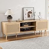 ZttRiee TV Stand for TVs up to 65'', Entertainment Center With Rattan Door, Shelves & 2 Cabinets, Long Boho Media Console for Living Room, Natural
