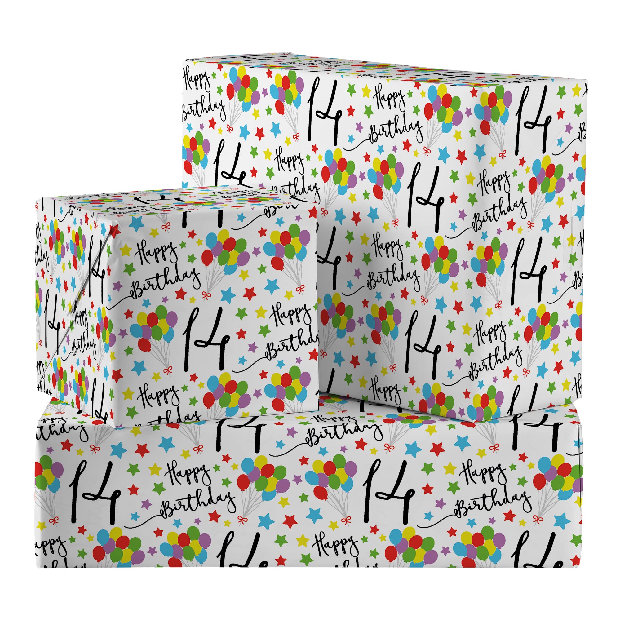 Hunts England - 2 Sheets Of 14th Birthday Luxury Wrapping Paper For Boy/Girl - Includes 2 Gift Tags - Age 14 Folded Gift Wrap For Him/Her - Iconic Collection - Colourful Age Fourteen Gift Wrap