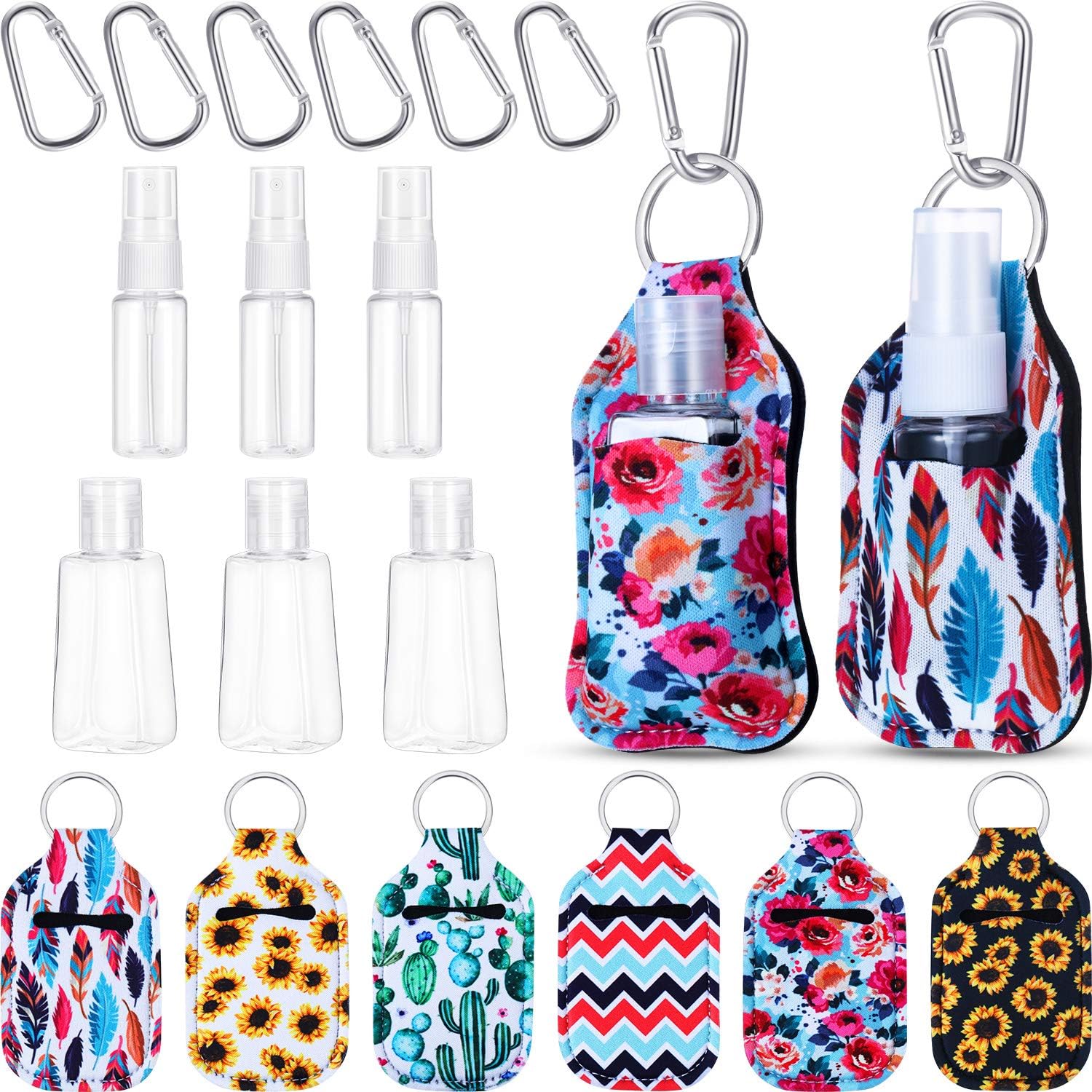 6 Pieces Travel Bottle Keychain Holders with 3 Portable Plastic Empty