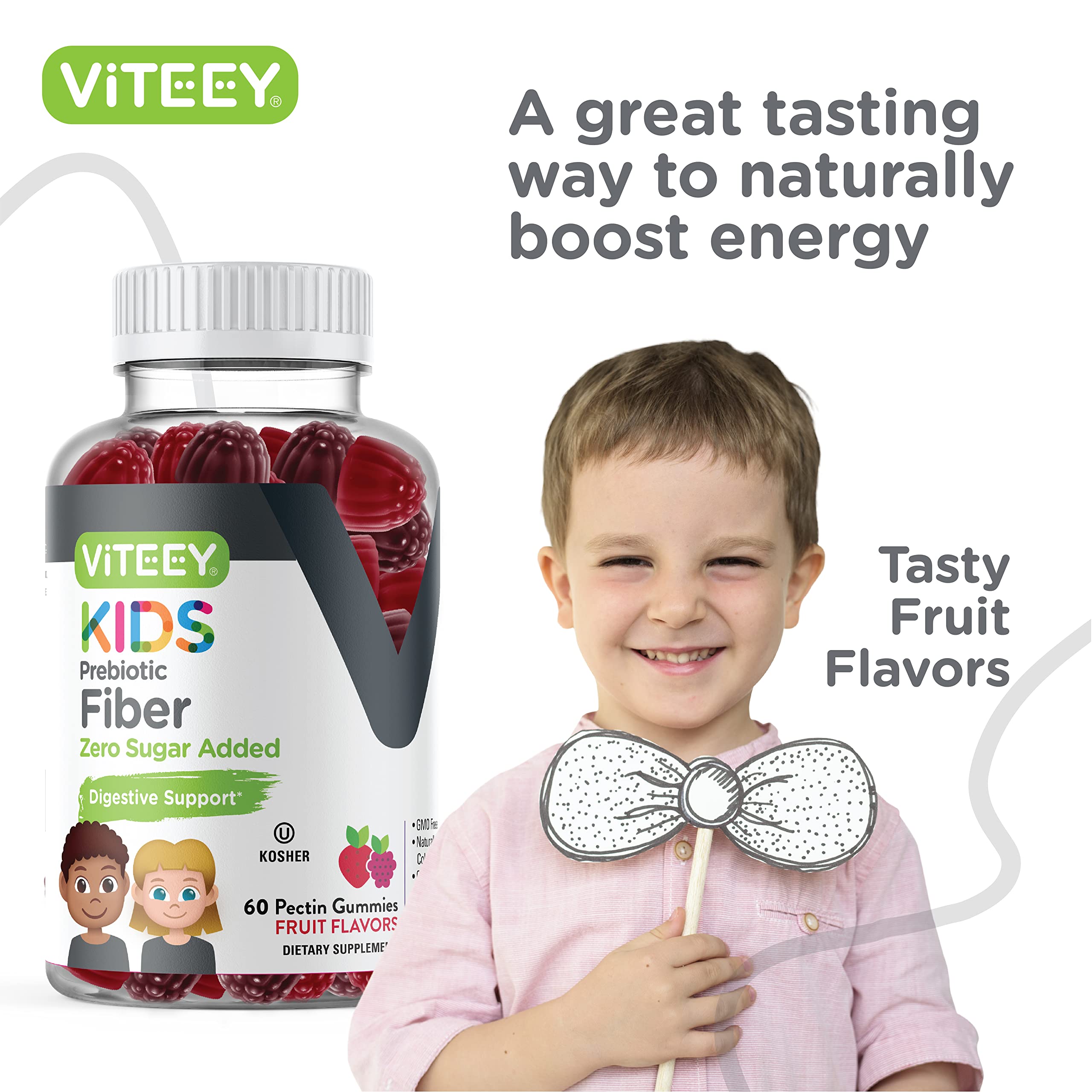 Prebiotic Kids Fiber Gummies for Constipation Relief, Digestive Health Regularity Support, Natural Weight Support - Fiber 4g, Zero Sugar Added, Vegan, Gluten Free - Tasty Chewable Fruit Flavored Gummy