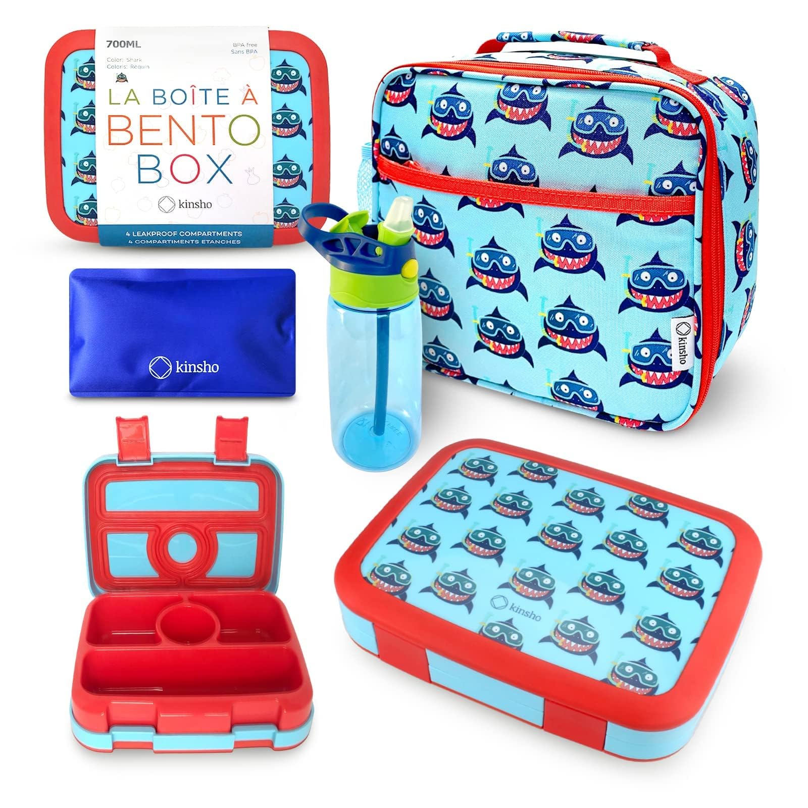 Photo 1 of kinsho Bento Lunch Box Insulated Bag, Water Bottle & Ice Pack Set for Kids Toddlers, 4 Portion Sections, Removable Tray, PreSchool Kid Toddler Daycare Lunches, Snack Container, Blue Shark