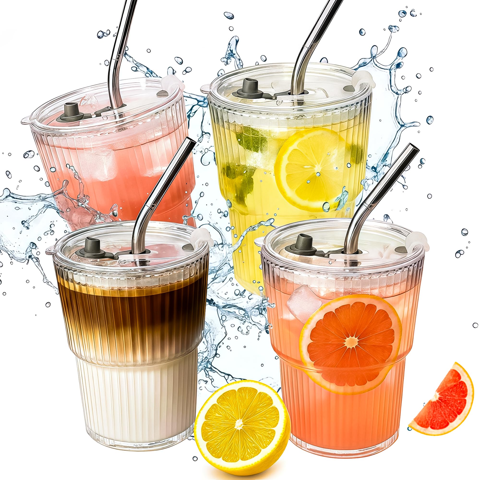Photo 1 of 4 Packs Ribbed Glass Tumbler with Lid and Straw 13 oz Cute Ice Coffee Cup Set for Smoothie Juice Matcha Tea Latte Cappuccino Espresso Hot Coffe Water Reusable Clear Travel Boba Aesthetic Drinking Mug