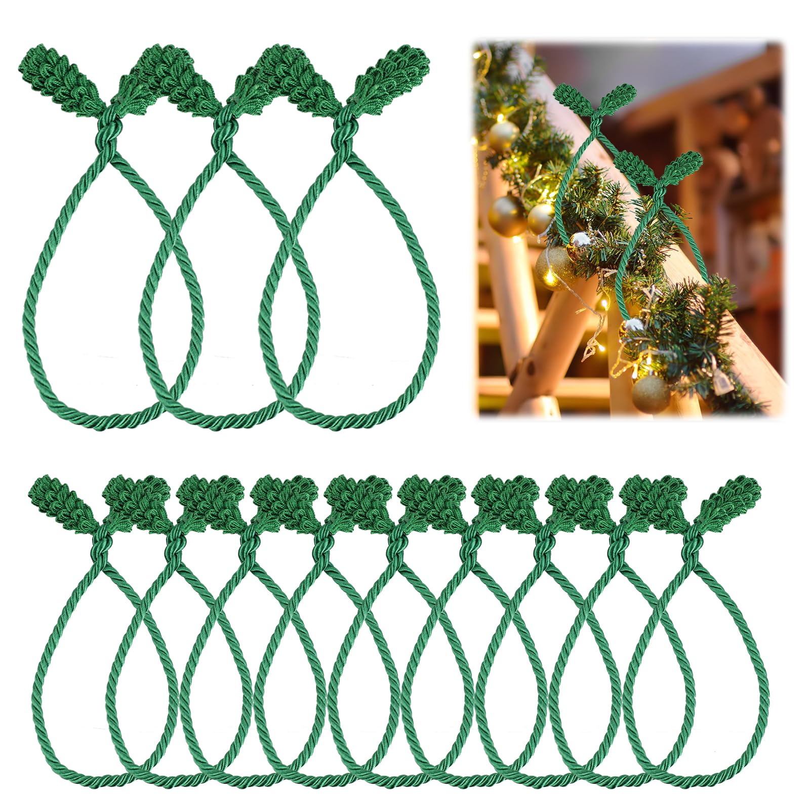 12pcs Christmas Garland Ties, 15.75 Inch Long Christmas Staircase Banister Ties Holiday Garland Flexible Ties Reusable Decorative Railing Twist Ties for Christmas Party Home Decoration (Green)