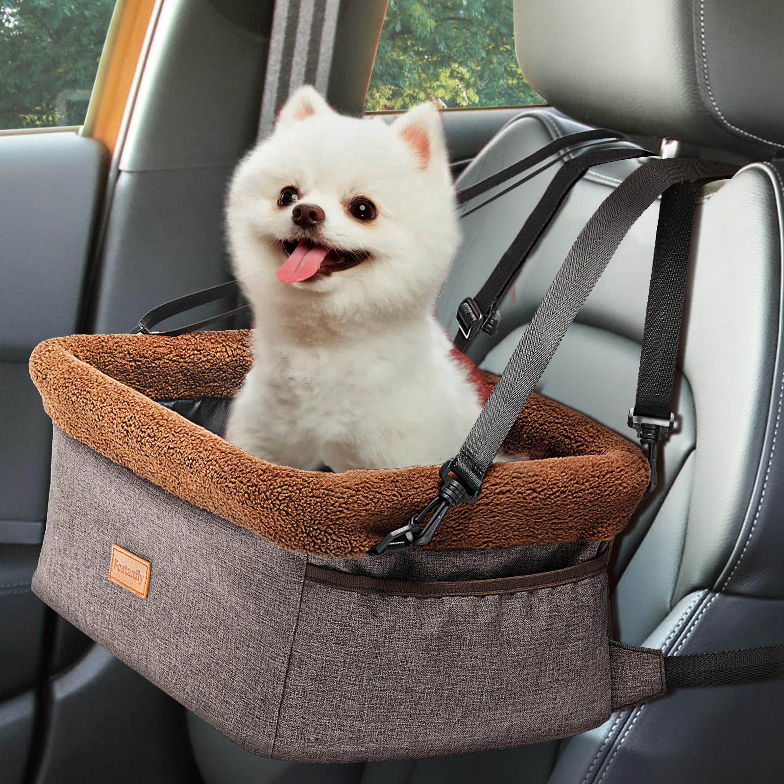 Photo 1 of Fostanfly Dog Car Seat for Small Dogs, Upgraded Pet Booster Seat with Metal Frame, Doggy Pet Carseat with Washable Thick Cushion Safety Leash and Storage Pockets