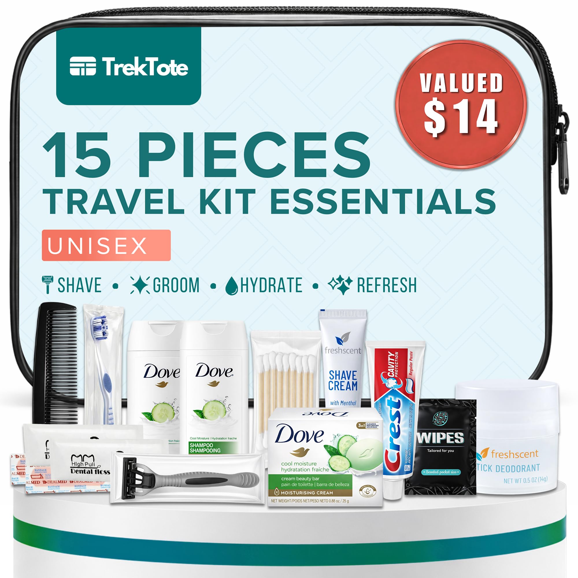 View 1 of **USED, INCOMPLETE** TrekTote Complete 15 Piece Unisex Travel Hygiene Kit with Toiletries & Personal Care Essentials, TSA-Compliant, Individually Packaged in Clear Bag, Single or Bulk Packs
