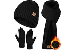 LOROME 3 PCS Winter Hat Scarf Gloves Set, Soft Warm Knit Beanie Hat Touchscreen Gloves Long Knitted Scarf Set Winter Gifts for Men