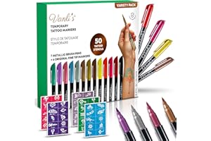 Vanli's Temporary Tattoo Markers - Stocking Stuffers For Teens, Kids, Adults, Trendy Body Marker, Skin Safe & Colored Ink Tattoo Pens for Body & Face Art with 50 Tattoo Stencil Papers, 13 Pens-Variety