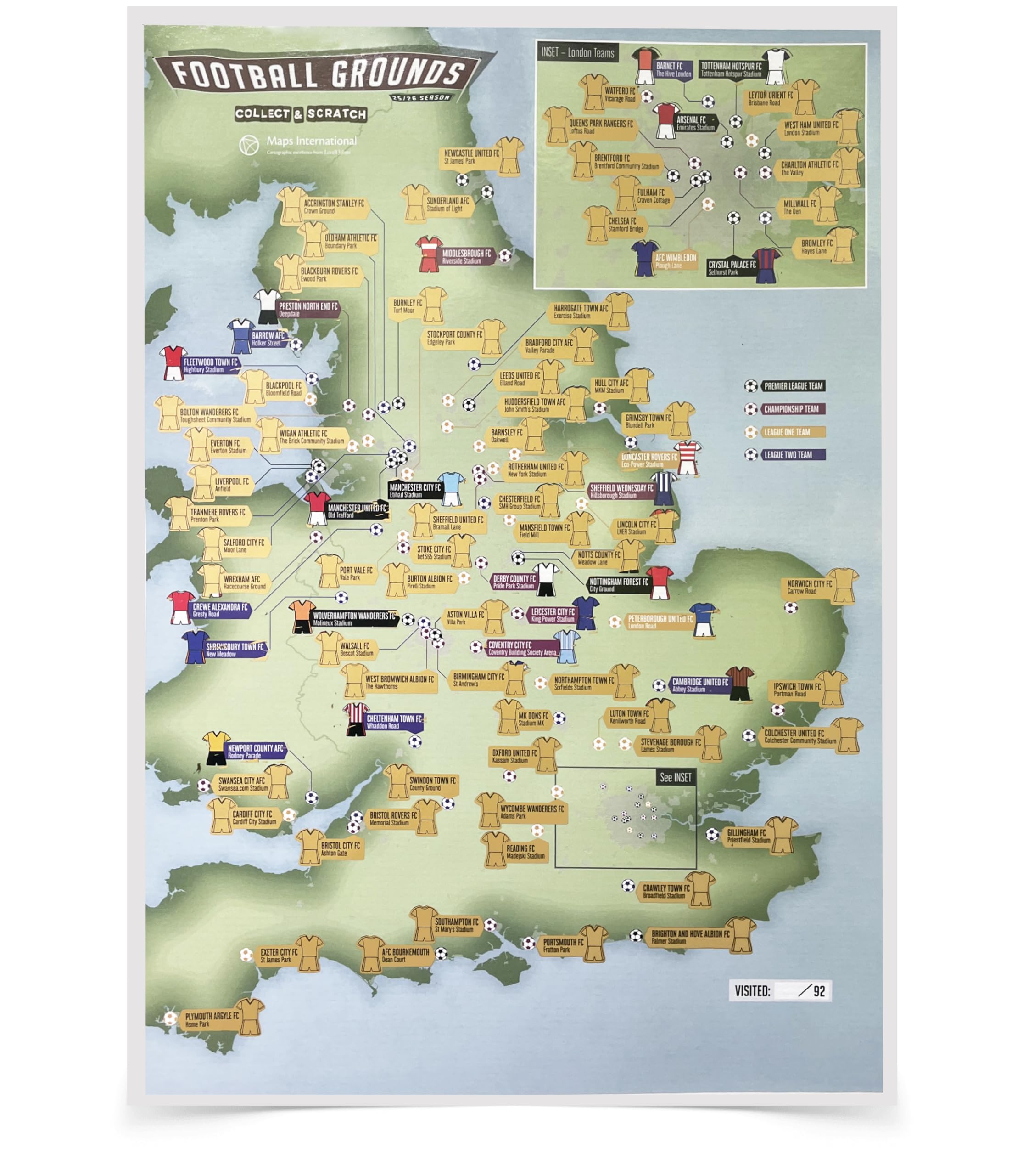 92 Club Football Grounds 2025-26 Season - Collect and Scratch Off Travel Map - Maps International - 29 x 42cm