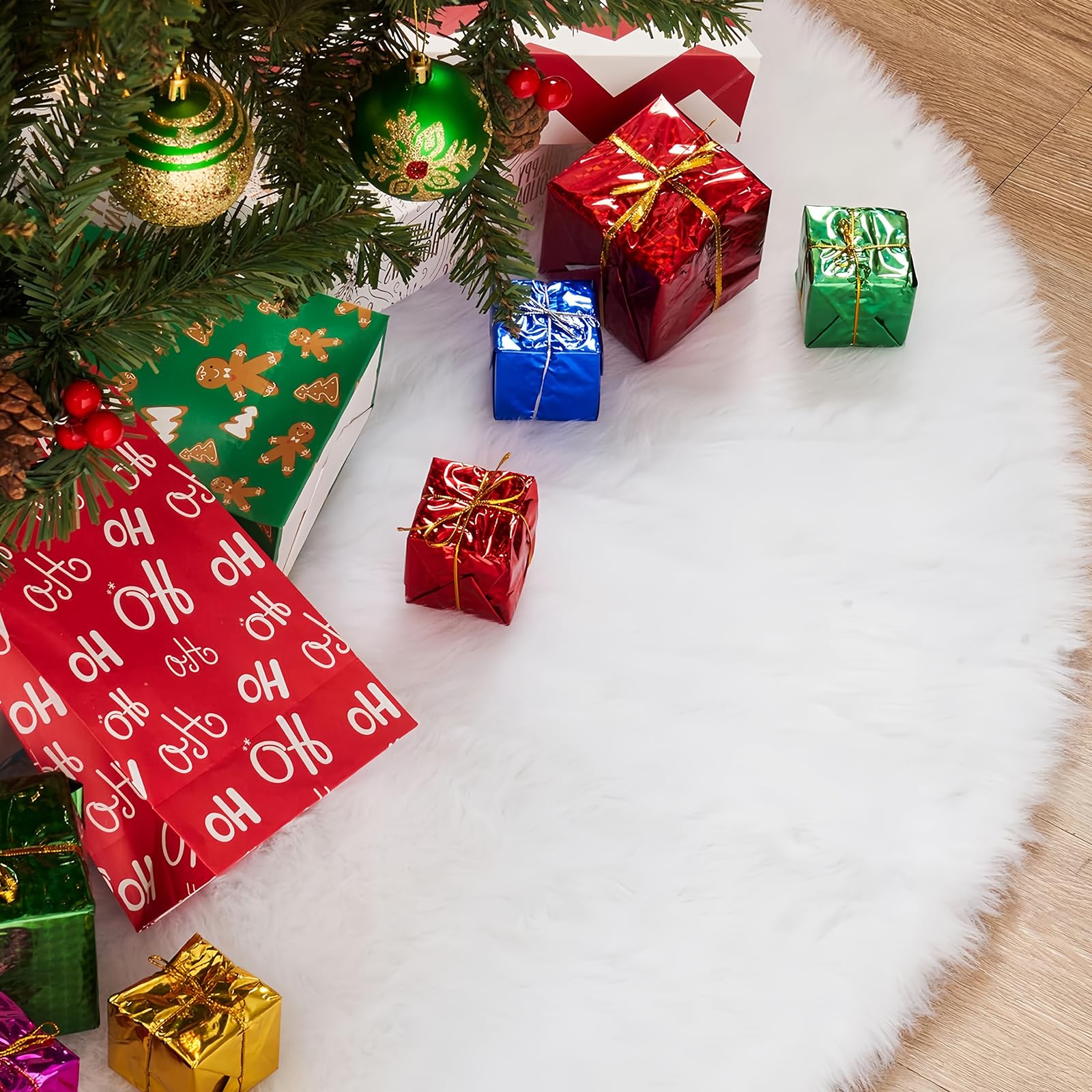 White Christmas Tree Skirt - 36Inch Snow Plush Faux Fur Mat for Xmas Tree Base Covers, Home Christmas Decoration