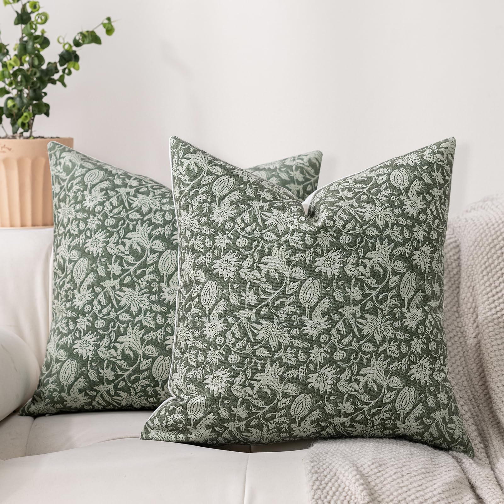 Photo 1 of DWR Floral Throw Pillow Covers 20x20 Set of 2, Block Print Decorative Pillow Covers in Deep Sage Green, Neutral Faux Linen Cotton Blend, Vintage Look for Couch, Sofa, Bed, Living Room