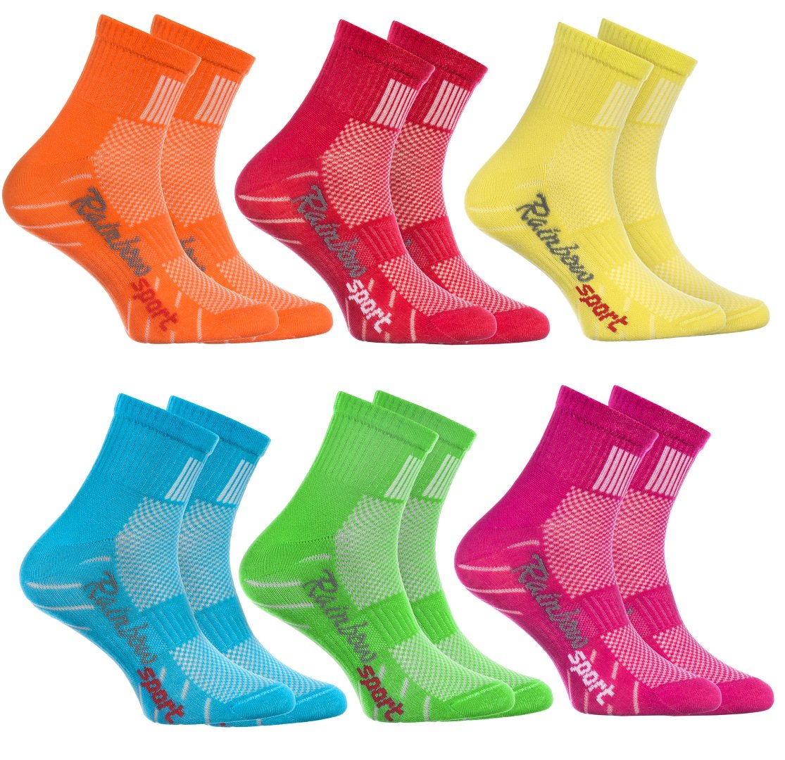 Rainbow Socks - Boys Girls Colourful Cotton Sneaker Sport Socks - 6 Pairs - Orange Red Yellow Bleu Green Pink - Size 11,5-2,5