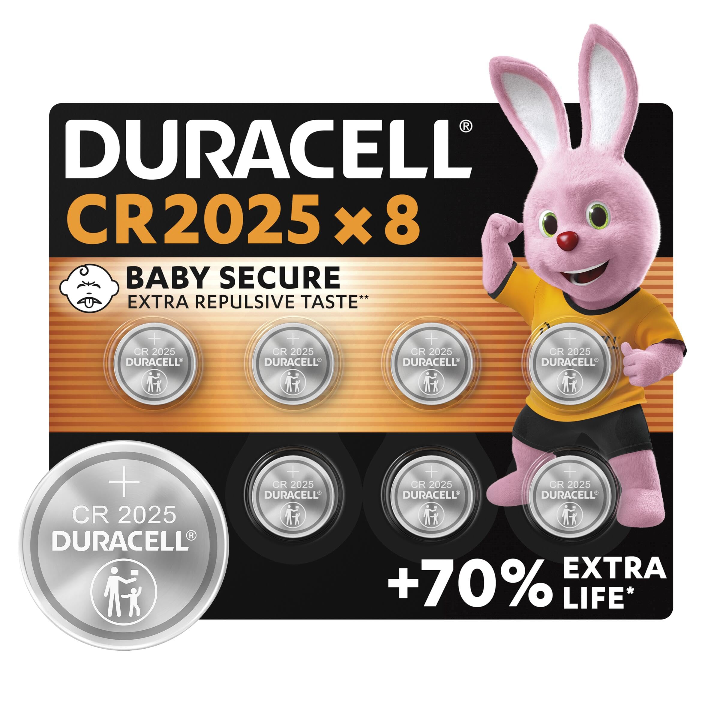 DURACELL 2025 Lithium Coin Batteries 3V (8 Pack) - Up to 70% Extra Life - Baby Secure Technology - For Use in Key Fobs, Fitness Watches and 3D Glasses - Baby Secure Packaging