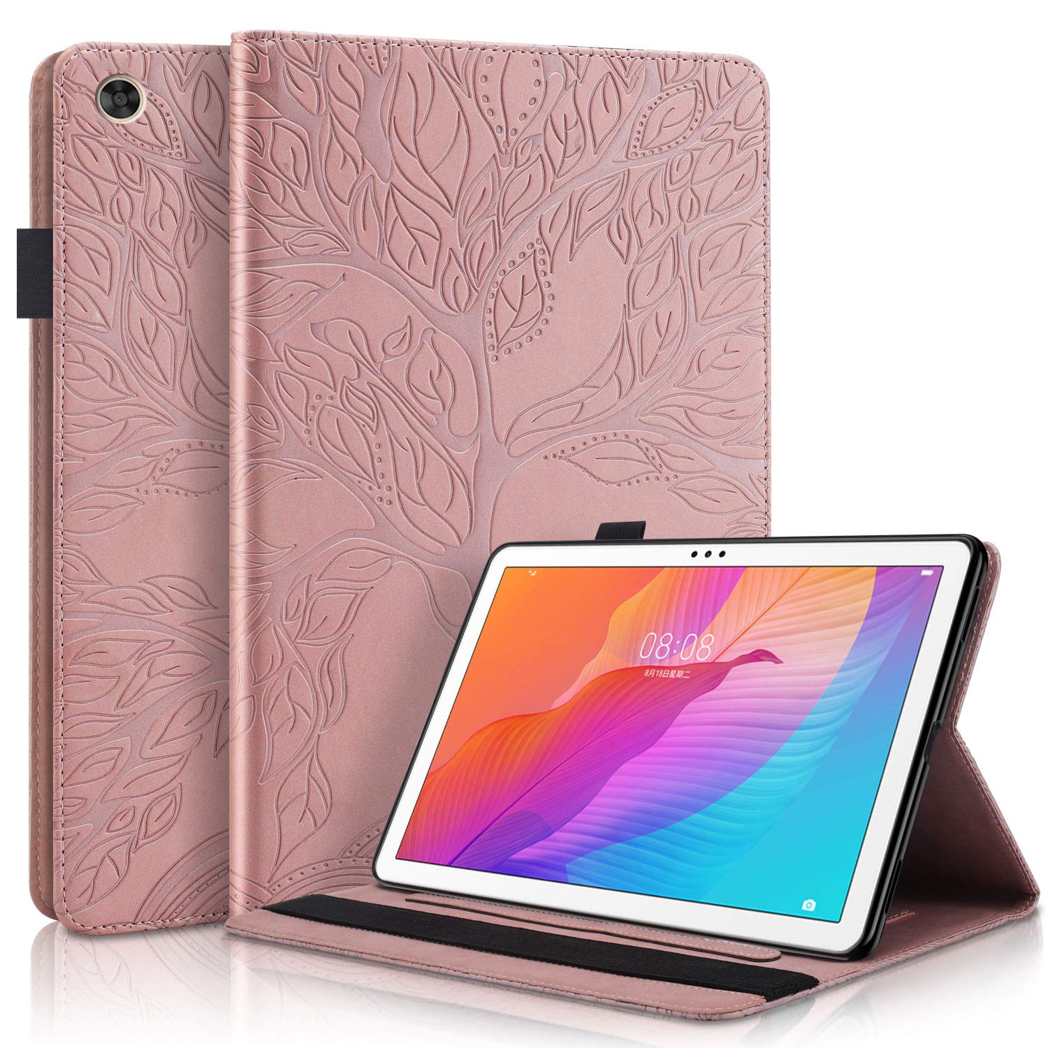 CaseFun Case for Huawei MatePad T10S T10 2020 tablet Slim PU Leather Life Tree Pattern Flip Wallet Stand Cover Anti Slip with Pencil Card Holder,Huawei MatePad T 10S/T 10 Rosegold