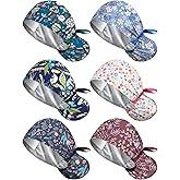 Floraltop 6 Pcs Satin Lined Scrub Caps Women Nurse Surgical Hat with Buttons Ponytail Working Adjustable Shower Caps Tie Back