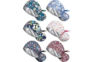 Floraltop 6 Pcs Satin Lined Scrub Caps Women Nurse Surgical Hat with Buttons Ponytail Working Adjustable Pouch Tie Back