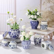 6er Set Porzellan-Vasen Im Blau-Weiß Chinoiserie Design – Mini Vasen Für Deko, Regal Oder Tisch (vintage Style)